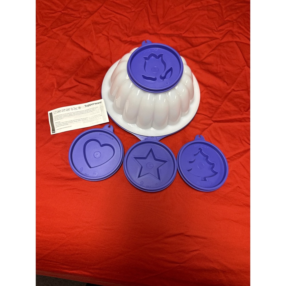 Tupperware Jel-Ring Mold Set White Purple 4 Decorative Inserts Heart Star Tree